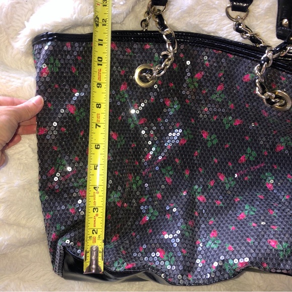 Betsy Johnson sequin floral (roses) Tote. Large  chain double handle - Picture 8 of 16